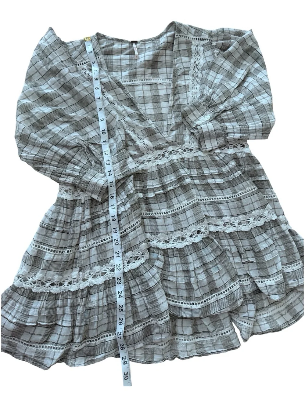 Free People Gray Plaid Lace-Trim V-Neck Tunic